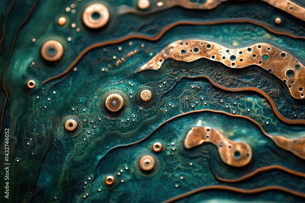 Poster close-up of a circuit board's intricate, teal and copper design, resembling abstract art.