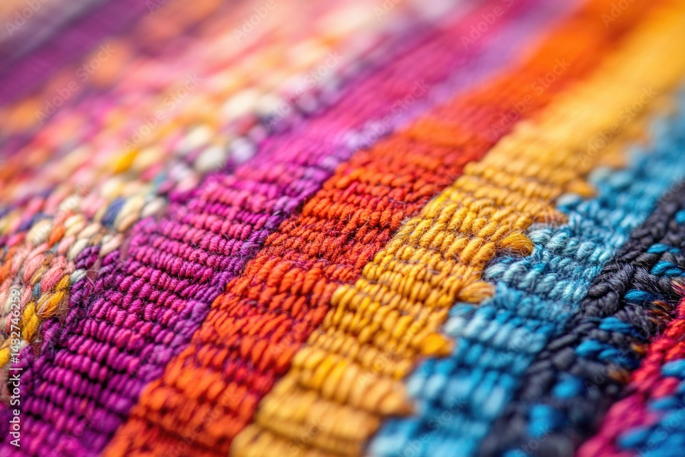 Poster close-up view of vibrant, multicolored textile with intricate woven texture.