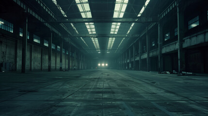 Industrial warehouse with concrete floors and steel beams, showcasing raw urban aesthetics and depth.