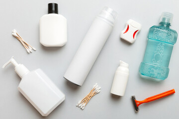 Mockup for bathing products top view flat lay, spa razor, toothpaste, soap, gel and other various accessories. Cosmetics for skin health. Bath Mockup for your logo