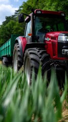 Obraz premium Farm tractor with trailer working in a field