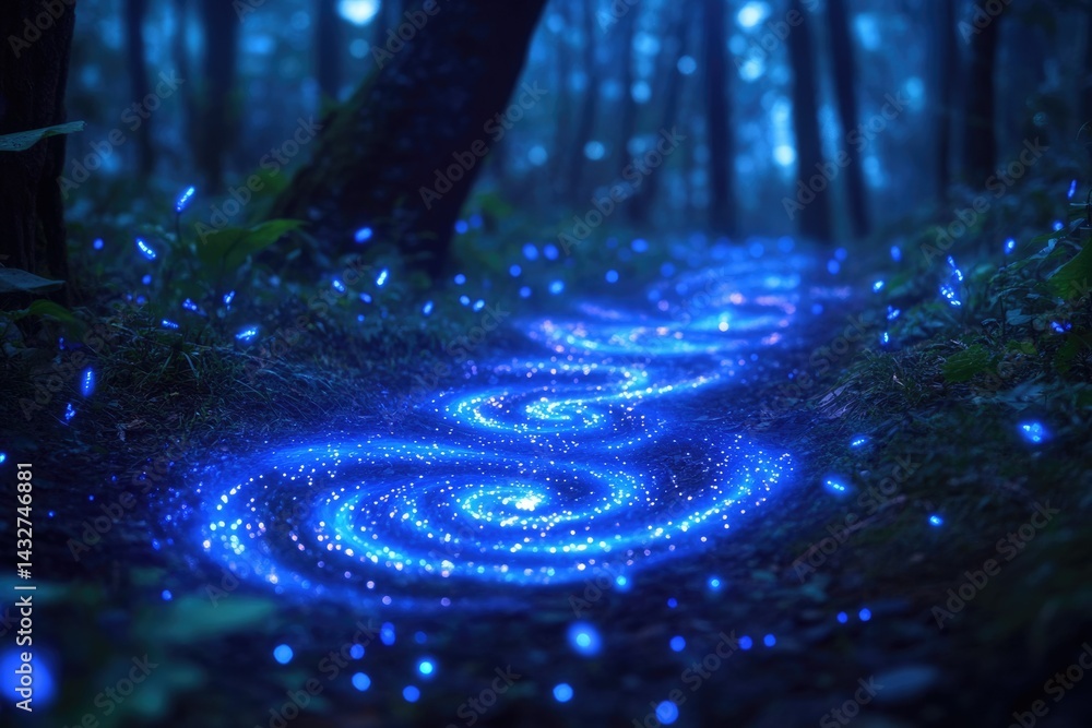 Poster enchanted forest path glowing with magical blue spirals and fireflies.