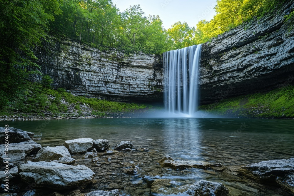 Poster serene waterfall cascading down a rocky cliff into a tranquil pool, surrounded by lush green forest.