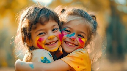 Portrait of two children with colors painted on face hugging each other while smiling to camera	 - Powered by Adobe
