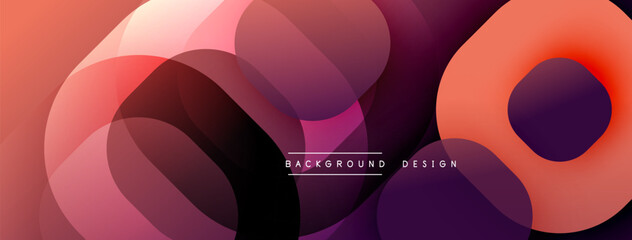 Abstract overlapping circles create dynamic gradient background. Shades range from coral, purple, black. Modern design element.