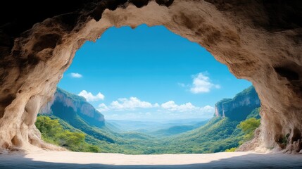 A cave opening reveals a lush valley landscape with mountains under a clear blue sky.