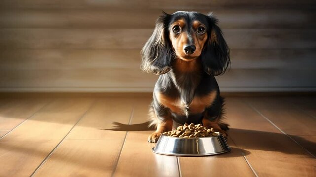 A curious dachshund sits patiently by its food bowl, eager for meal time.