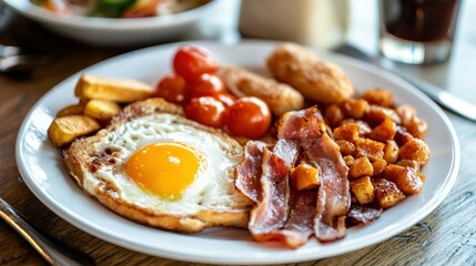 A classic white plate with a full English breakfast.