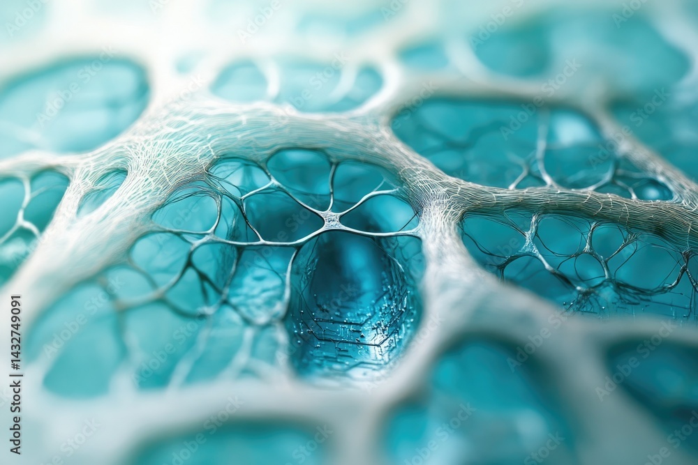 Poster Abstract image depicting a complex network of interconnected nodes, resembling a neural network or intricate cellular structure.