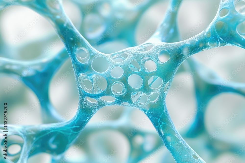 Poster Microscopic image of a complex network structure resembling a porous, interconnected, and translucent cellular matrix.