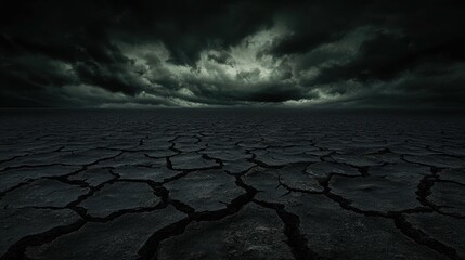 Dramatic dark landscape photography of cracked earth under a stormy sky. Perfect for illustrating concepts of drought, climate change, or dystopian themes.