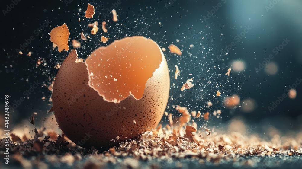 Poster a close-up of an egg hatching with tiny pieces of shell falling away