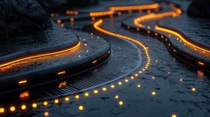 Abstract Futuristic Pathway: Glowing Neon Orange Lines on Dark, Textured Surface