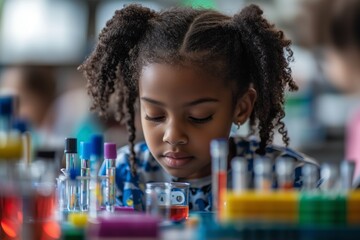 A young biracial child with curly hair is engaged in a hands-on science experiment, concentrating on a test tube