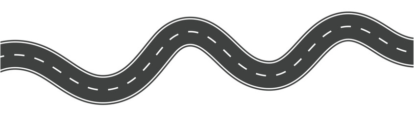 Wavy winding curves roads and horizontal path. Horizontal asphalt road template. Flat vector illustration isolated on transparent background.