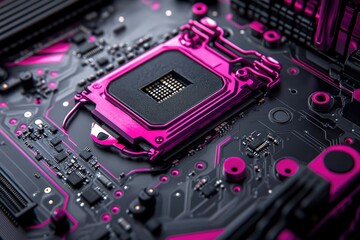 Close-up of a modern computer motherboard showcasing its intricate circuitry and CPU socket.