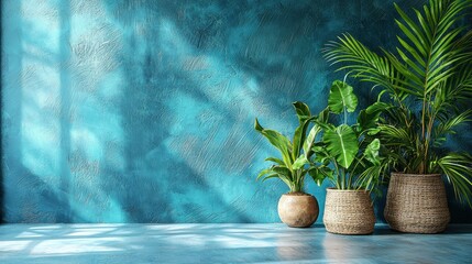 Serene Teal Room with Lush Tropical Plants