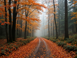 The image depicts a serene autumn forest scene with a pathway covered in fallen leaves, leading towards a misty horizon