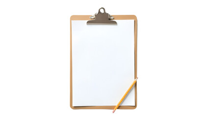 A realistic clipboard with a blank sheet of white paper and a lead pencil resting diagonally across it, isolated on a pure white background, showcasing a minimalistic and clean composition.
