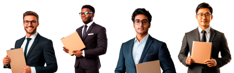 Four business professionals in tailored suits holding folder isolated on transparent background
