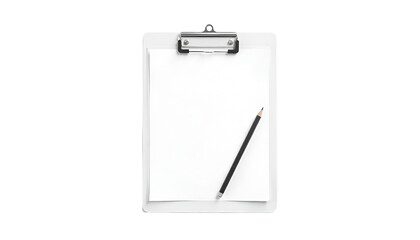 A realistic clipboard with a blank sheet of white paper and a lead pencil resting diagonally across it, isolated on a pure white background, showcasing a minimalistic and clean composition.
