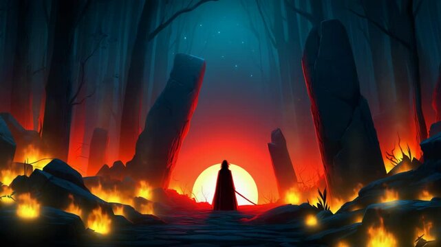 Mysterious cloaked figure with sword walking towards rising sun through a dark forest with flames and standing stones