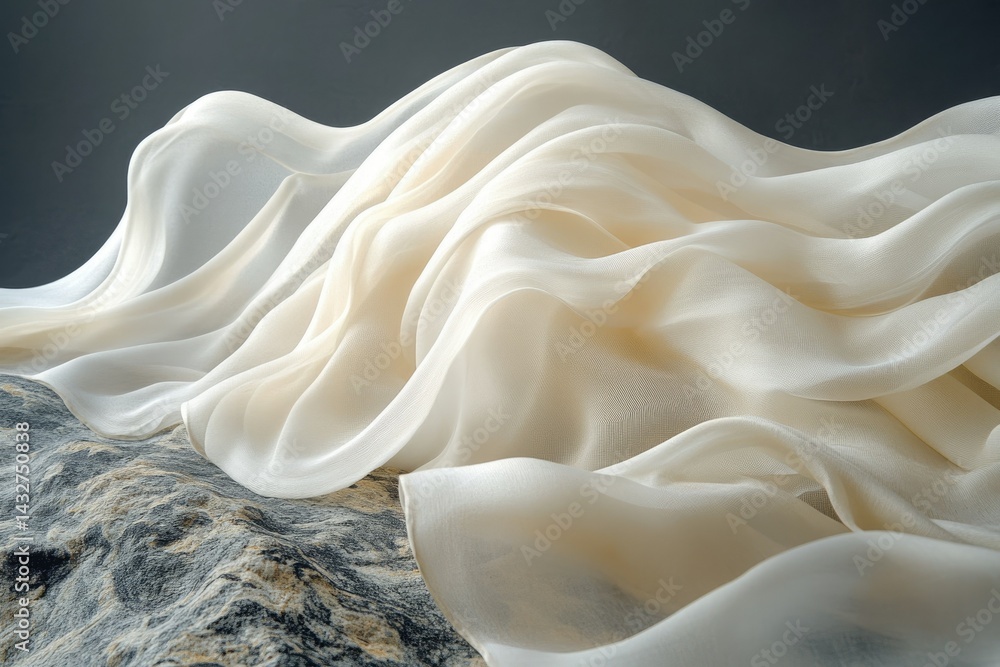 Poster draped creamy silk fabric, soft folds and gentle waves on a textured surface.