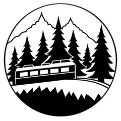 Silhouette of a train passing through a snow-covered forest