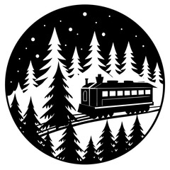 Silhouette of a train passing through a snow-covered forest