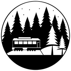 Silhouette of a train passing through a snow-covered forest