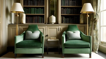 with velvet chairs symmetrical bookshelves and brass lighting
