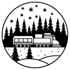 Silhouette of a train passing through a snow-covered forest