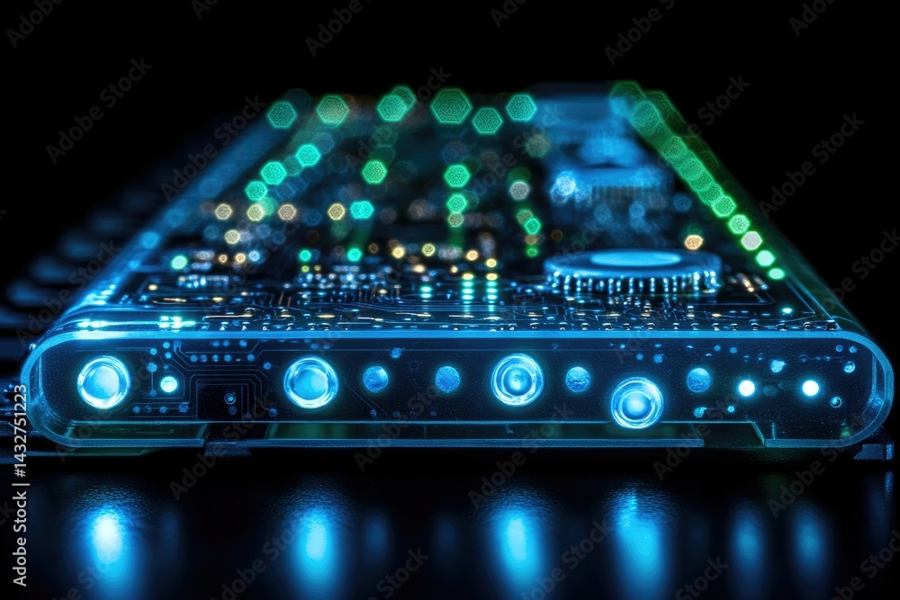 Fototapete futuristic transparent circuit board with glowing blue lights, showcasing intricate technology and d