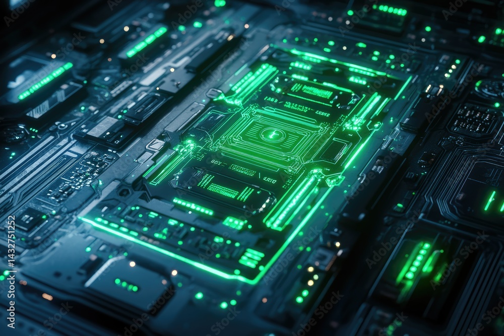 Poster close-up of a futuristic circuit board with glowing green lines, showcasing intricate technological 