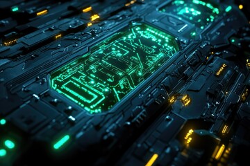 Futuristic technological circuit board with glowing green lines, intricate design, and dark metallic surface.