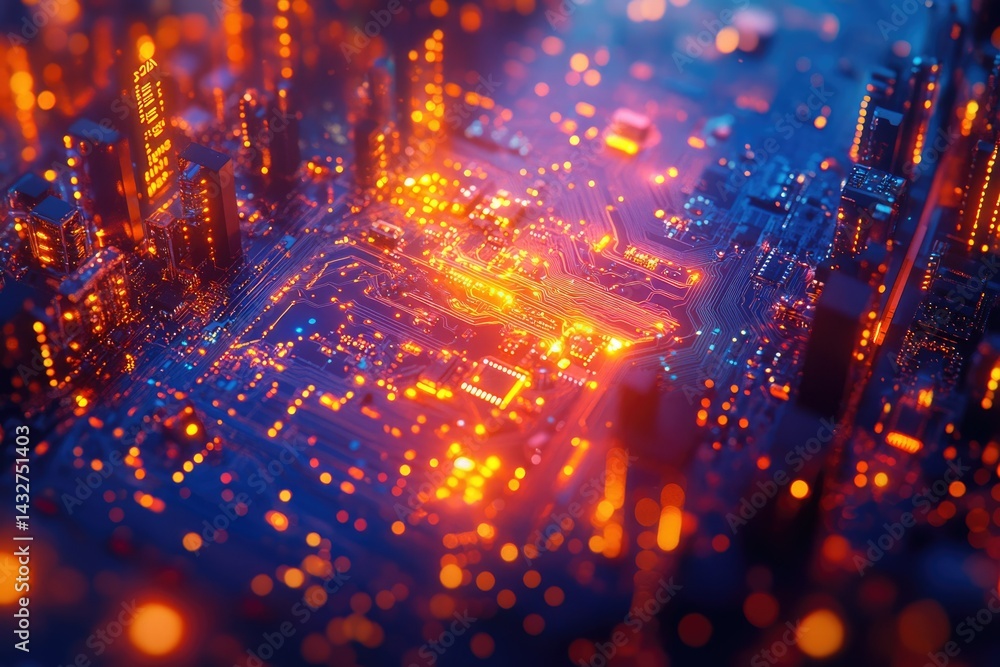 Poster a futuristic city built on a circuit board, showcasing technological advancement and interconnectedn
