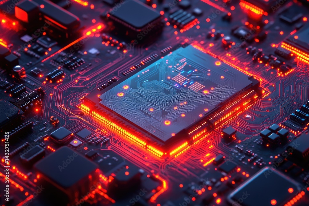 Poster Close-up view of a computer's central processing unit (CPU) illuminated with red light.