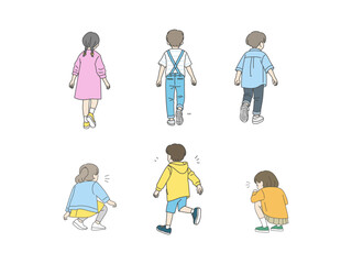 後ろ姿の子供たちのイラストセット