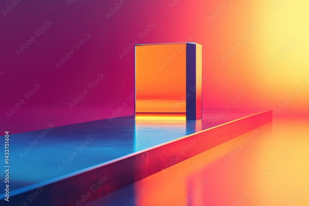Poster abstract 3d render of a vibrant orange block on a blue platform against a pink and orange gradient b