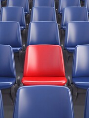 Fototapeta premium Bright Red Chair Stands Out Among Blue Seats in Stadium Arena