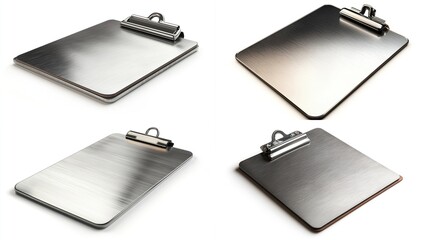 Four metallic clipboards, various angles, isolated on white.