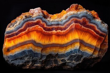 A mesmerizing slice of banded agate reveals vibrant layers of orange, red, and gray, showcasing nature's intricate artistry.