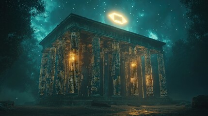 Enigmatic Temple of the Digital Age: A Nighttime Vision