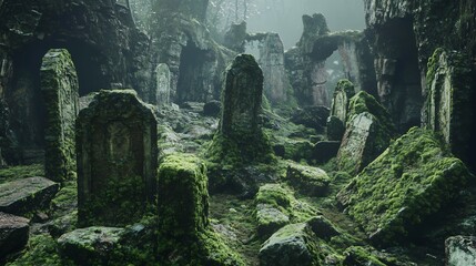 Moss-Covered Ruins: A Gloomy, Atmospheric Stone Cemetery