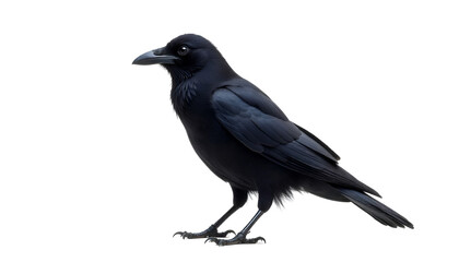 A photorealistic image of a black crow isolated on a white background, highlighting its sharp features and glossy feathers.

