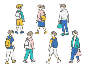 登校する子供たちのセット