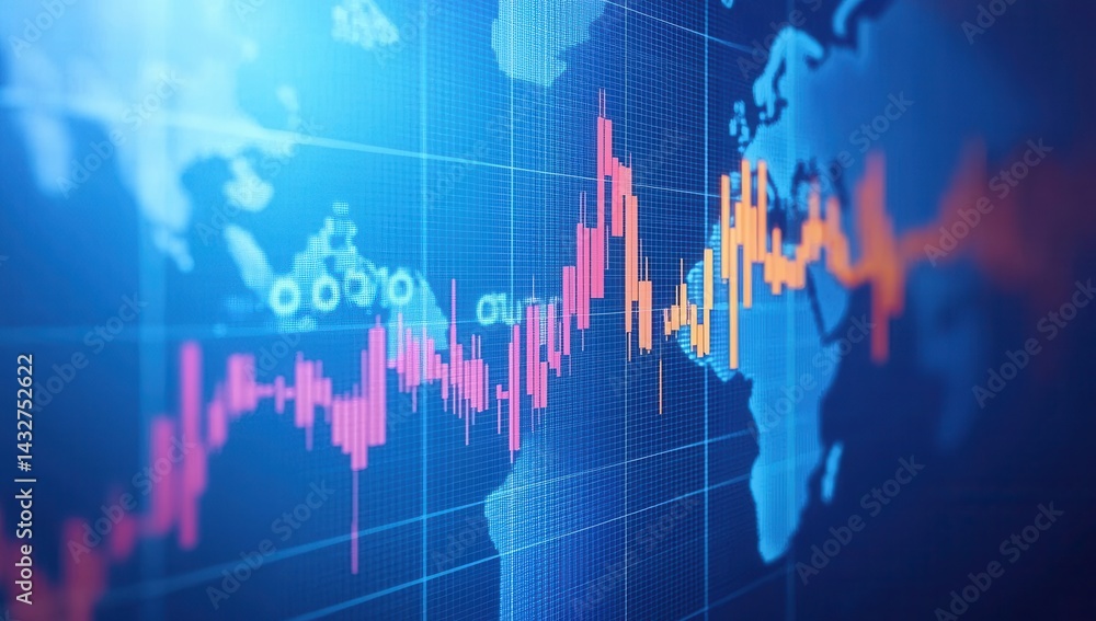 Poster colorful financial chart with global map background showing data trends