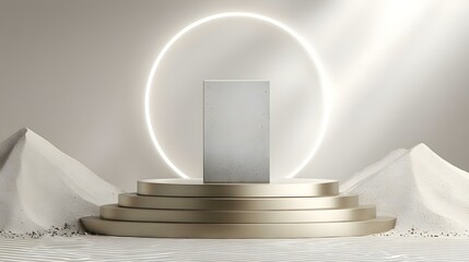 shrine surrounded by circular neon light and geometric sand patterns