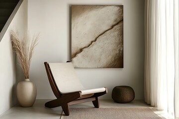 japandi interior with wooden chair and abstract wall art, earthy tones, modern zen design