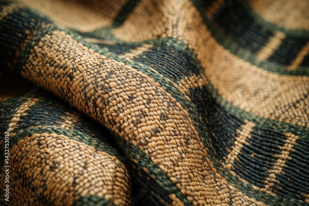 Poster close-up of textured fabric with beige and dark green plaid pattern, showcasing intricate weave.